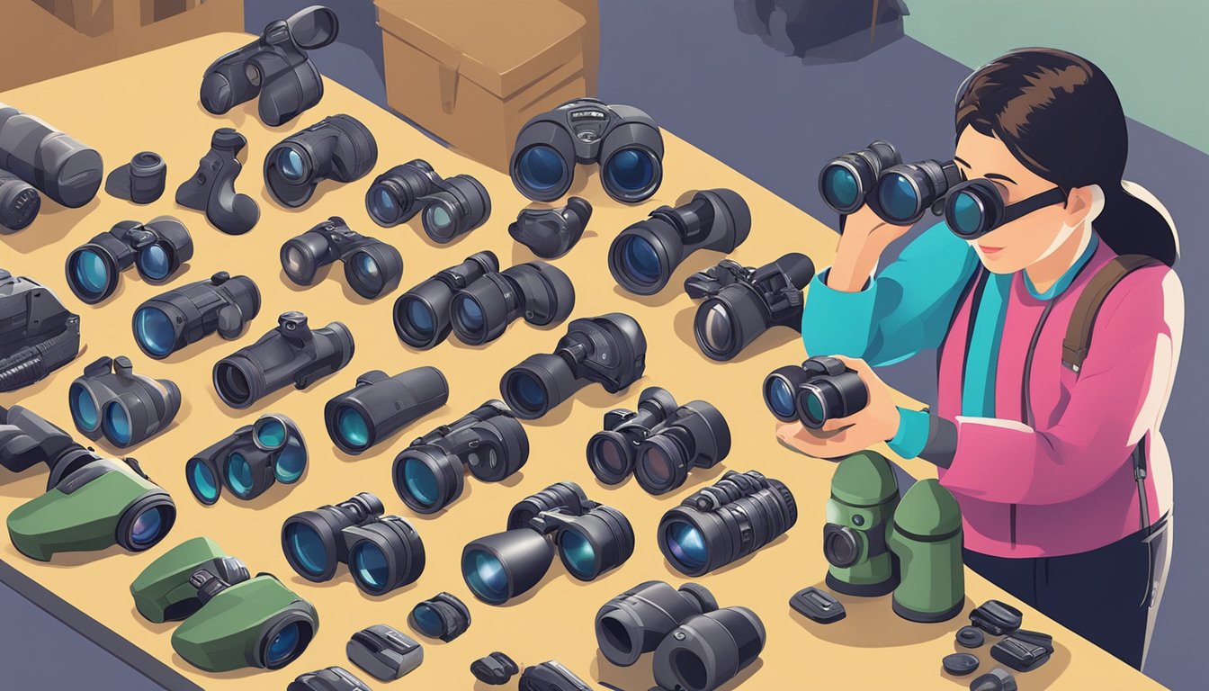 A person holds up different binoculars, comparing sizes and features. Displayed on a table are various models with price tags