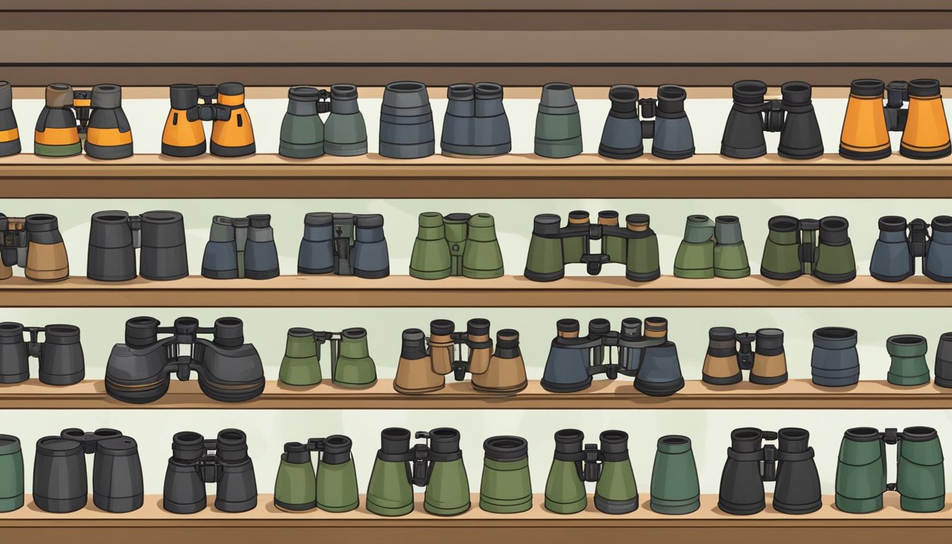 A display of binoculars on shelves in a Singaporean outdoor equipment store