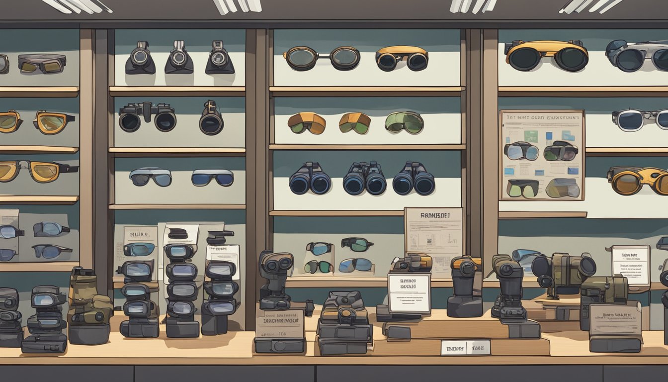 A display of various binocular models with price tags, surrounded by informational pamphlets and a sign reading "Frequently Asked Questions about binoculars" in a store in Singapore