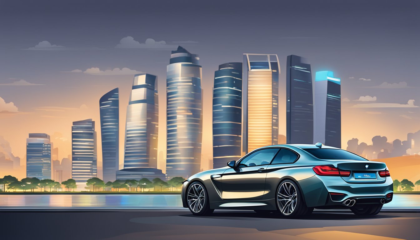 A sleek BMW car parked in front of a modern Singapore skyline
