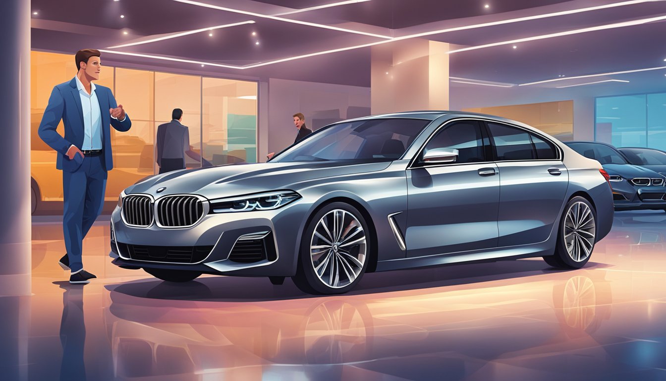 A sleek BMW sits in a showroom, surrounded by bright lights and polished floors. A salesperson gestures towards the car, inviting potential buyers to discover their perfect match
