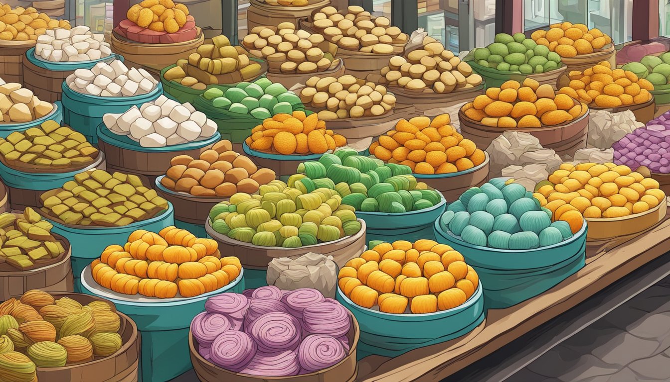A display of colorful huat kueh at a bustling Singapore market