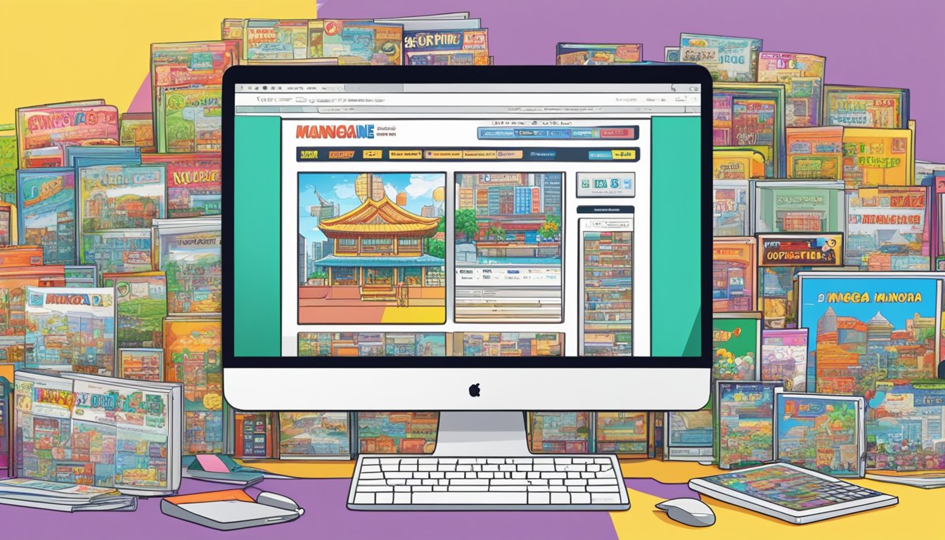 A computer screen displaying a website with "buy manga online Singapore" in bold letters. An array of colorful manga covers are shown below