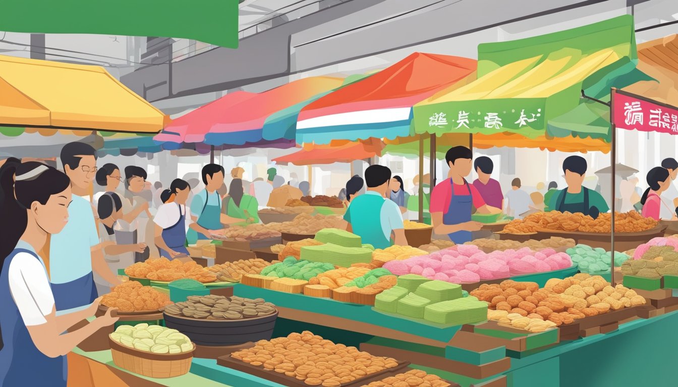 A colorful display of traditional huat kueh at a bustling Singapore market, with vendors proudly showcasing their best creations