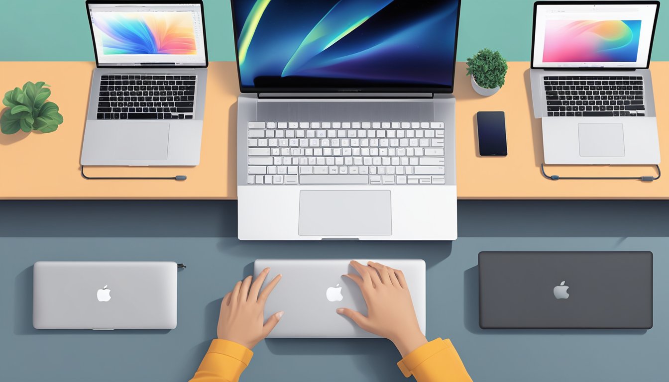 A hand reaches out to select a MacBook Pro from a row of laptops on a sleek, modern desk. The laptop is illuminated by the soft glow of the screen, with the Apple logo shining prominently