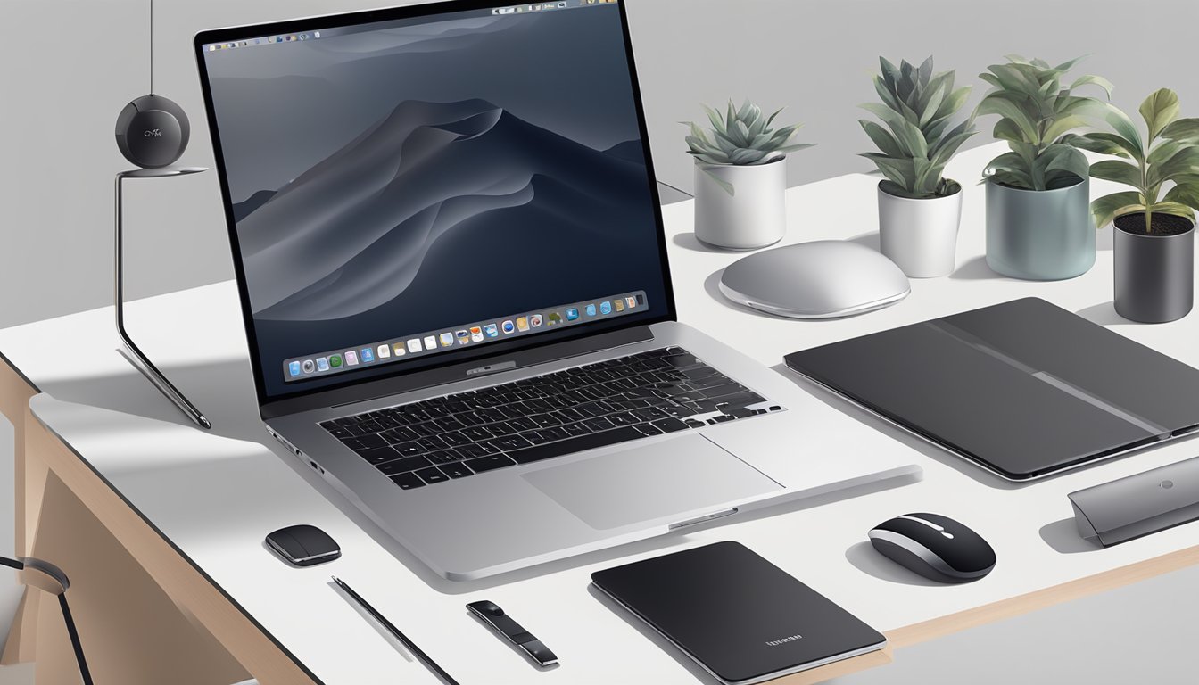 A sleek MacBook Pro sits on a desk, surrounded by various enhancements and accessories. A wireless mouse, external hard drive, and stylish laptop case complete the setup