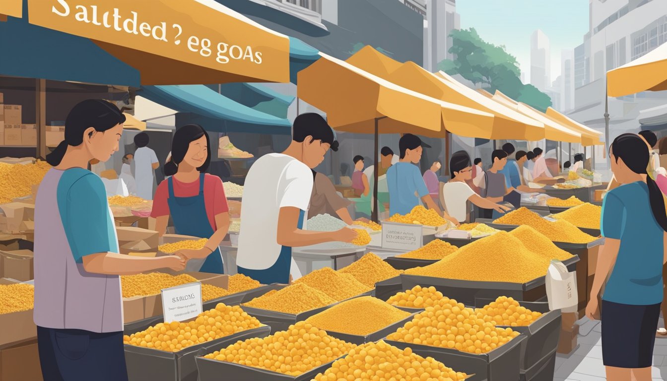 A bustling market stall displays bags of salted egg powder in Singapore. Shoppers browse the vibrant array of products, while the seller stands ready to assist