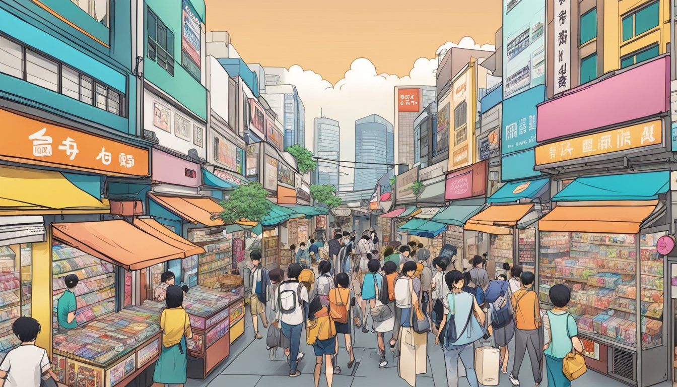 A bustling street in Singapore, lined with colorful manga shops displaying vibrant covers and bustling with eager manga enthusiasts