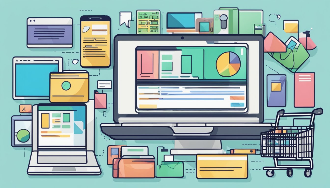 A laptop with a "Frequently Asked Questions" webpage open, surrounded by various electronic devices and a shopping cart icon