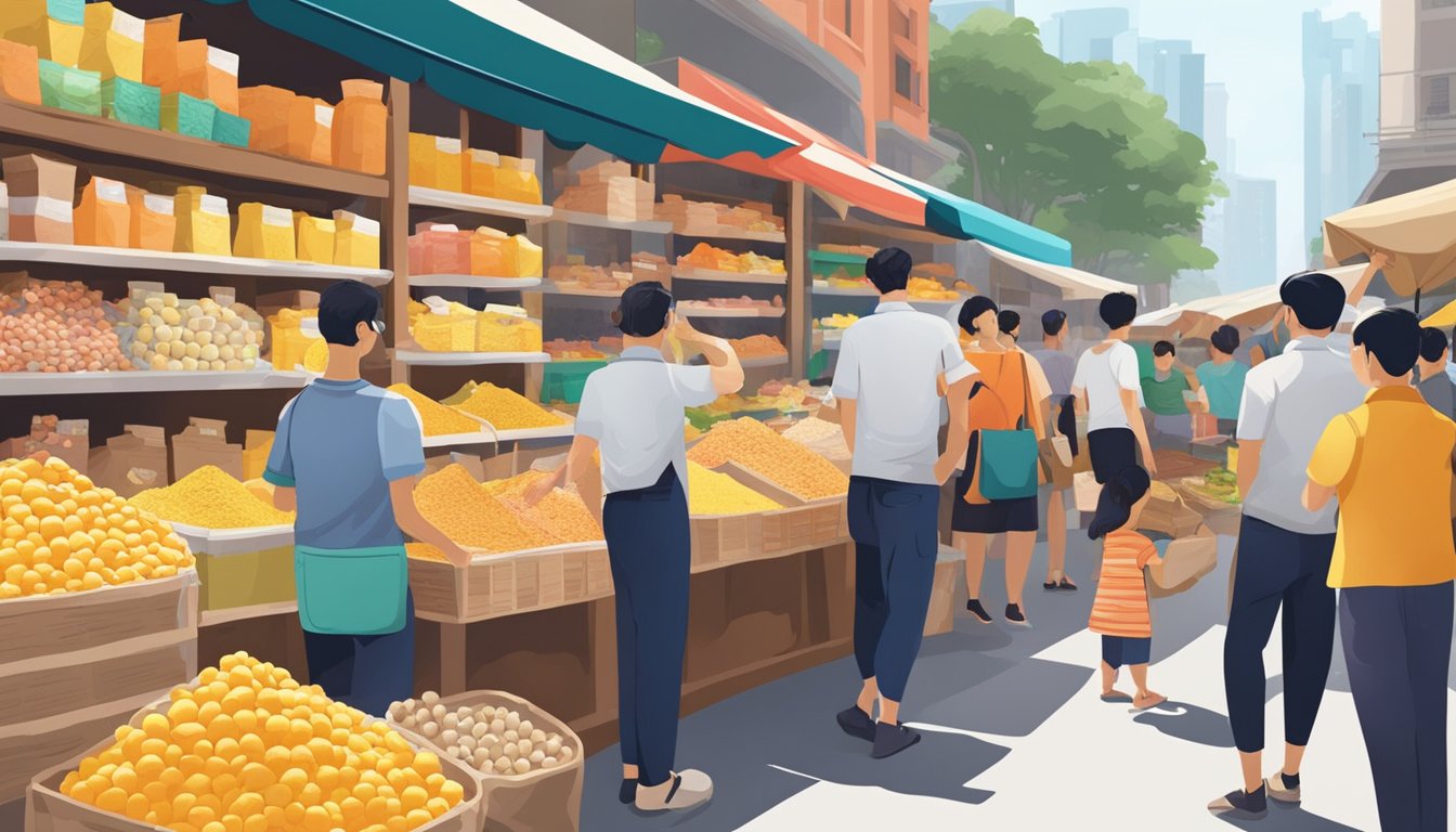 A bustling marketplace in Singapore displays shelves of salted egg powder in colorful packaging, with vendors eagerly promoting their products to passersby