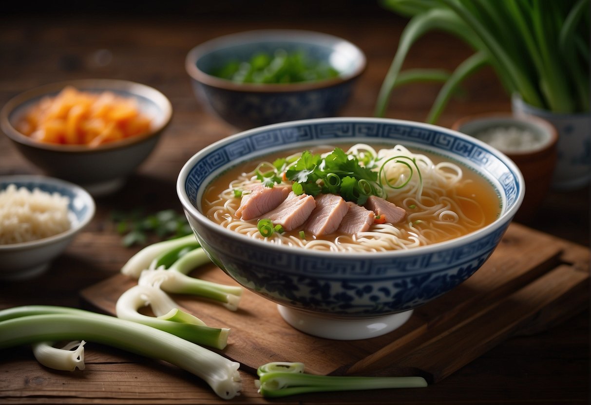 A steaming bowl of Chinese mee soup sits on a wooden table, garnished with fresh green onions and slices of tender pork. Steam rises from the bowl, carrying the aroma of savory broth and delicate noodles
