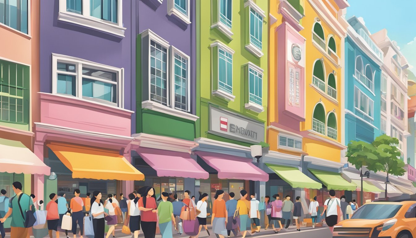 A bustling street in Singapore with colorful storefronts and shoppers carrying branded bags