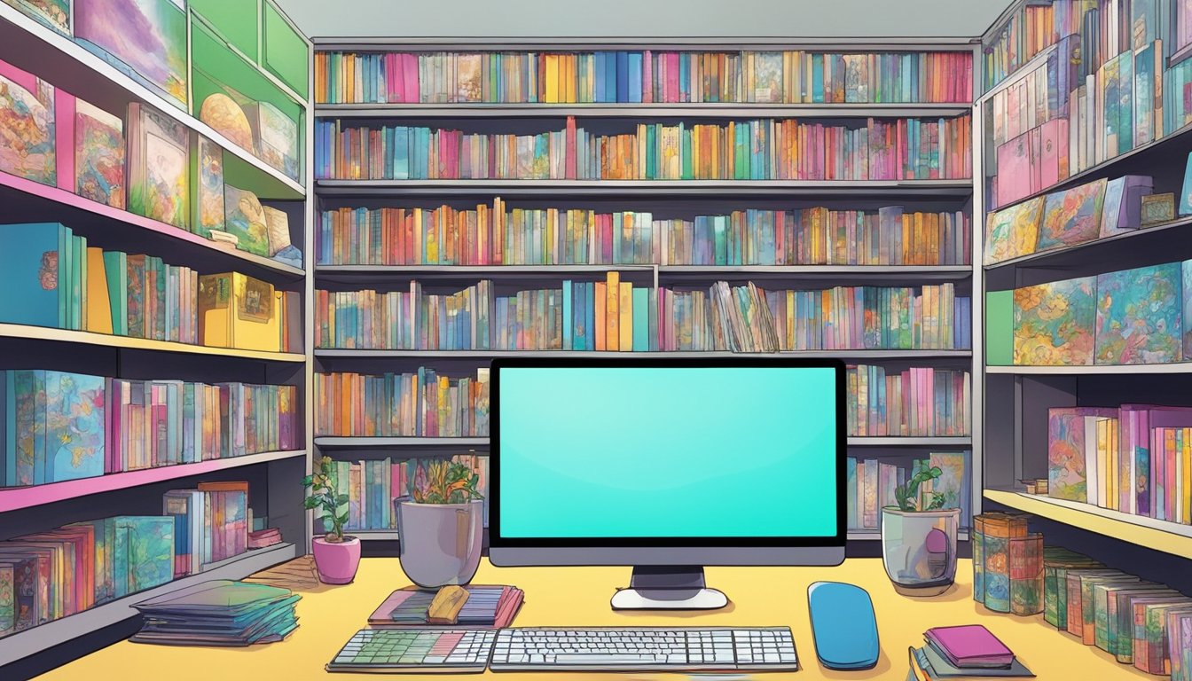 Vibrant manga characters and scenes come to life on a computer screen, surrounded by shelves of colorful manga volumes, creating a world of imagination and creativity