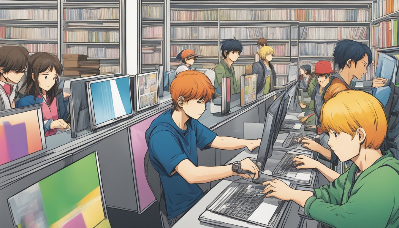 Customers browsing manga titles online, with a FAQ section visible. Screens show various manga covers and a search bar
