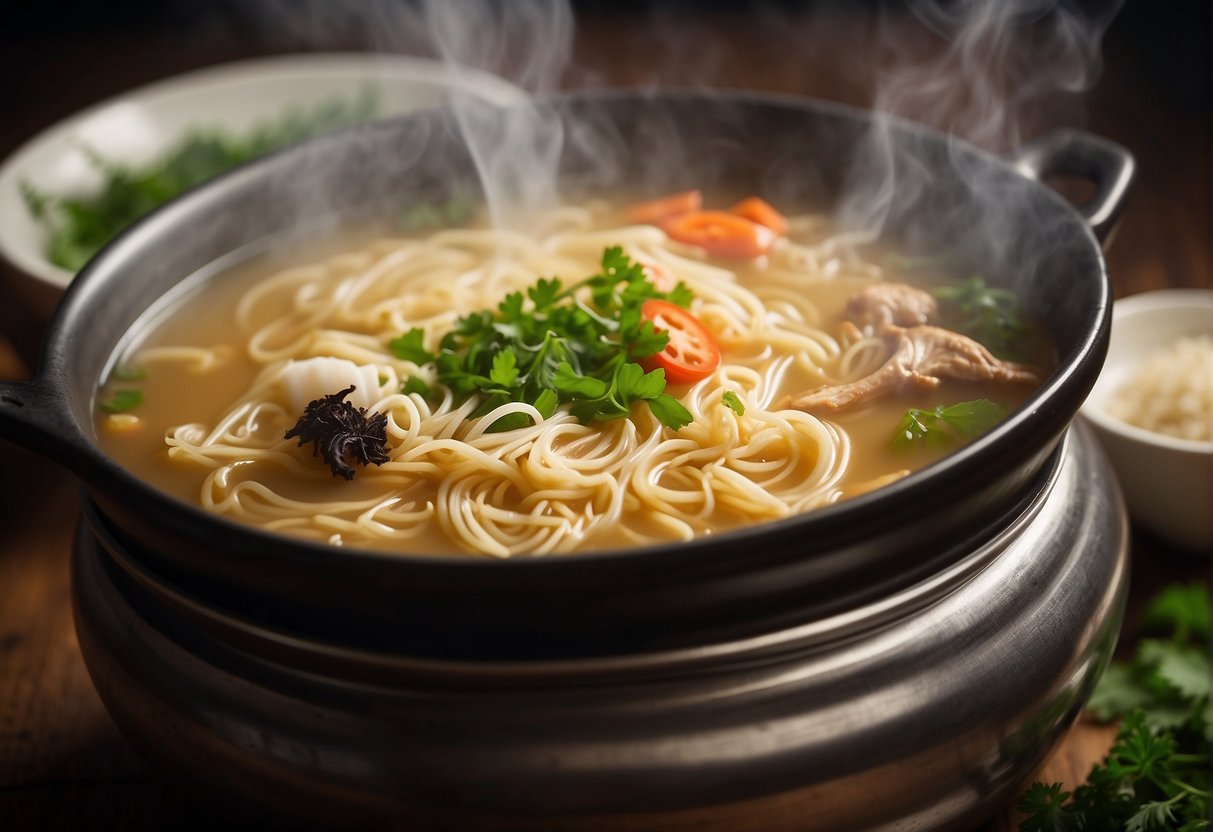 A steaming pot of mee soup with essential Chinese ingredients