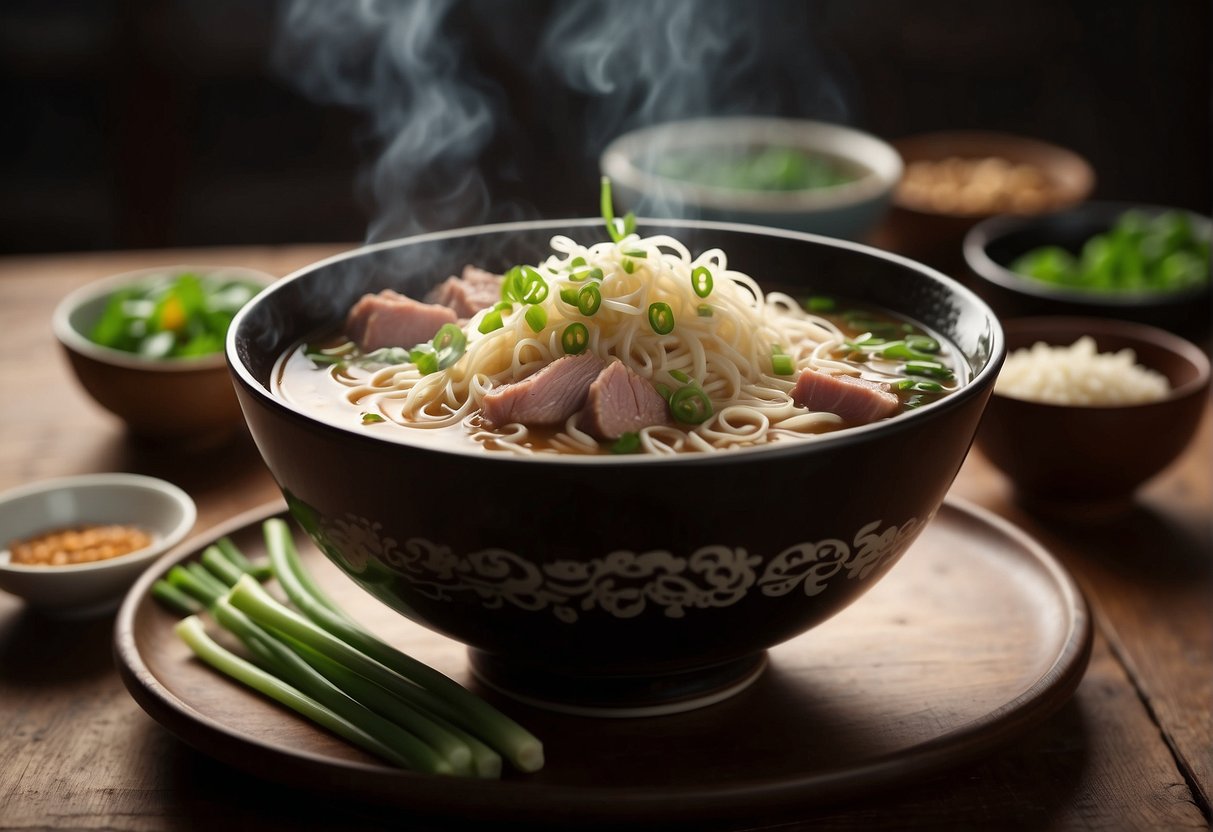 A steaming bowl of mee soup sits on a wooden table, garnished with fresh green onions and slices of tender pork. A pair of chopsticks rests beside the bowl