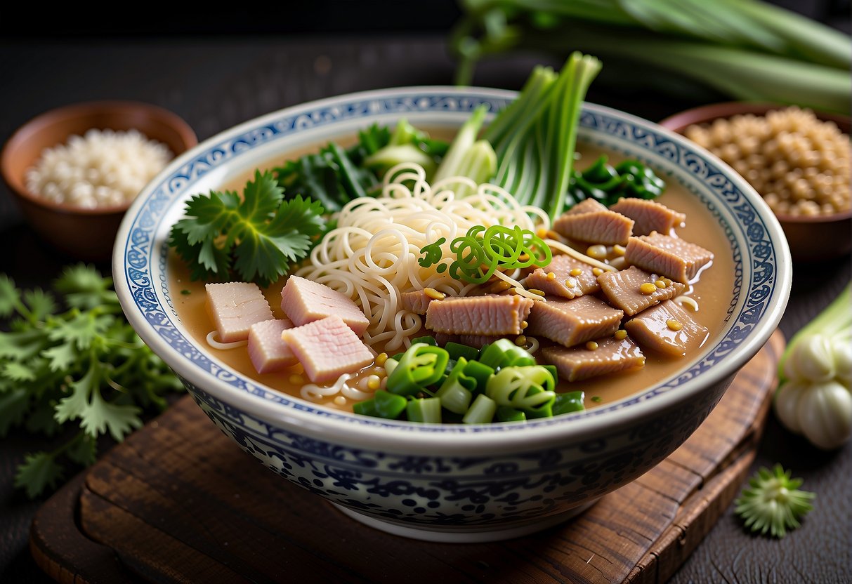 A steaming bowl of mee soup with Chinese ingredients, including noodles, bok choy, and slices of tender pork, garnished with green onions and cilantro