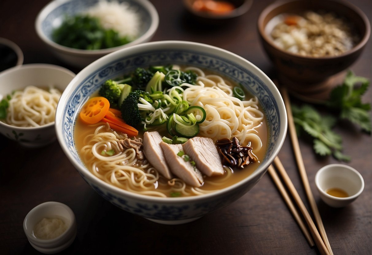 A steaming bowl of mee soup with chopsticks resting on the side, surrounded by traditional Chinese ingredients like noodles, vegetables, and savory broth