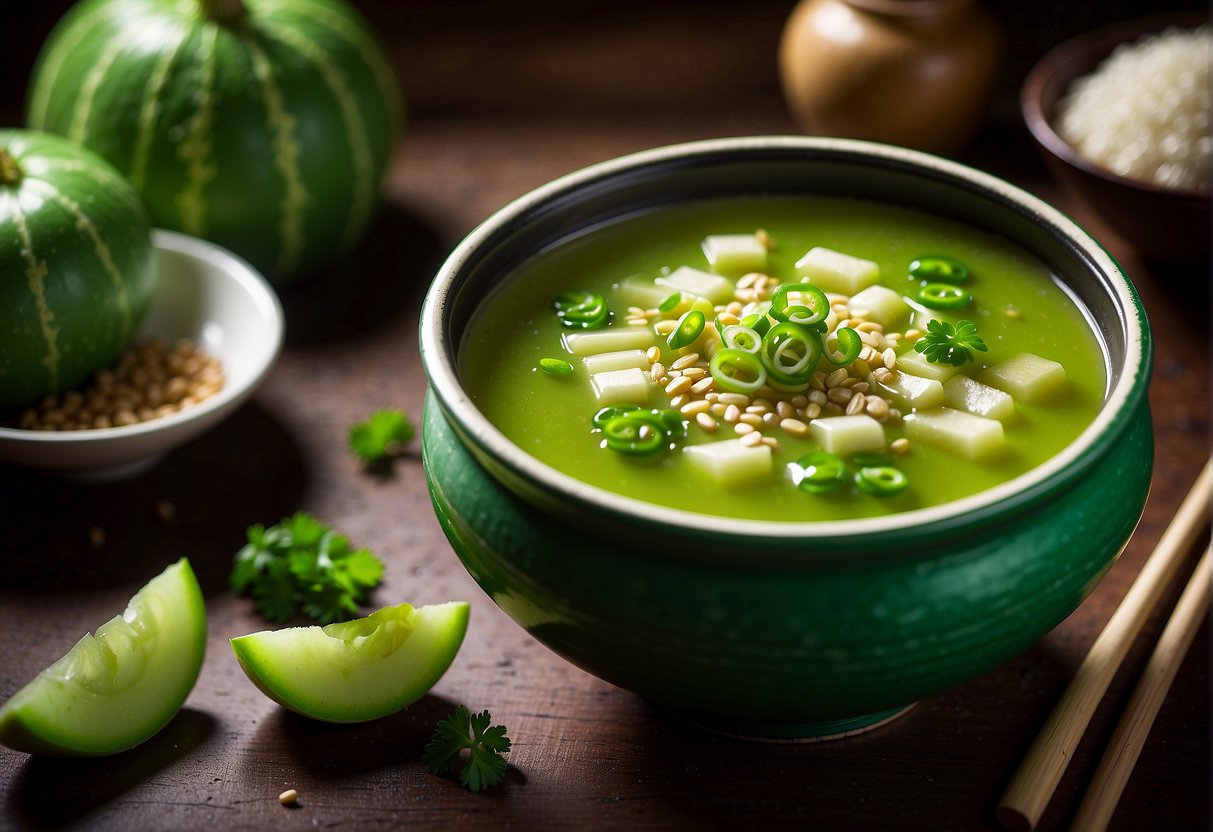 Vibrant green melon soup simmers in a traditional Chinese pot, garnished with chopped scallions and a drizzle of sesame oil