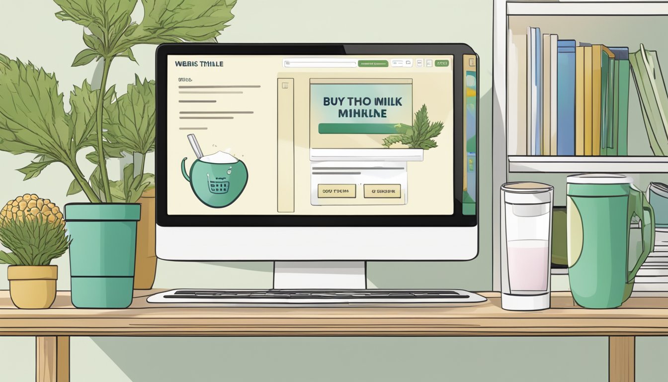 A computer screen displaying a website with the option to "buy milk thistle online." A cursor hovers over the "add to cart" button