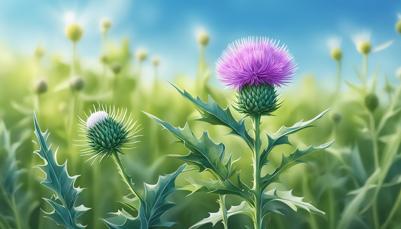 A lush green field with a milk thistle plant standing tall, surrounded by a clear blue sky and gentle sunlight
