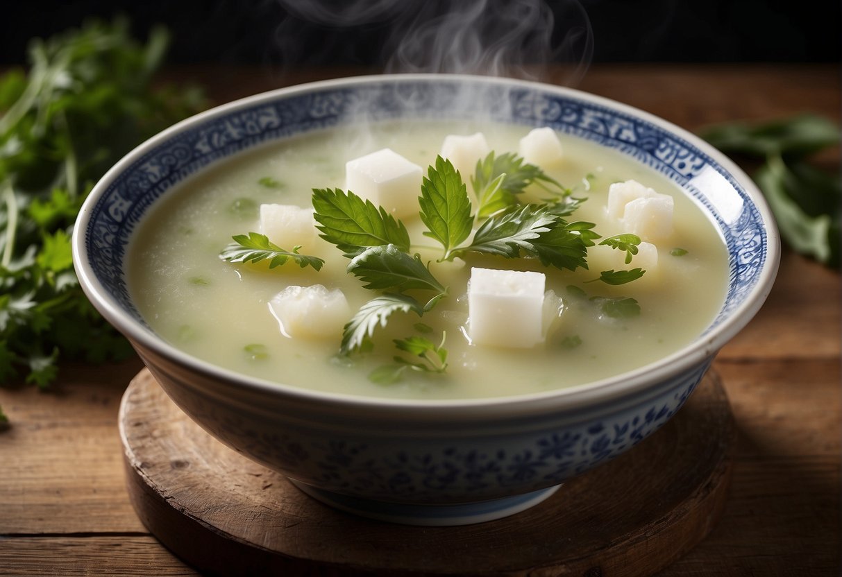A steaming bowl of winter melon soup sits on a rustic wooden table, surrounded by fresh herbs and spices. Steam rises from the soup, filling the air with a comforting aroma