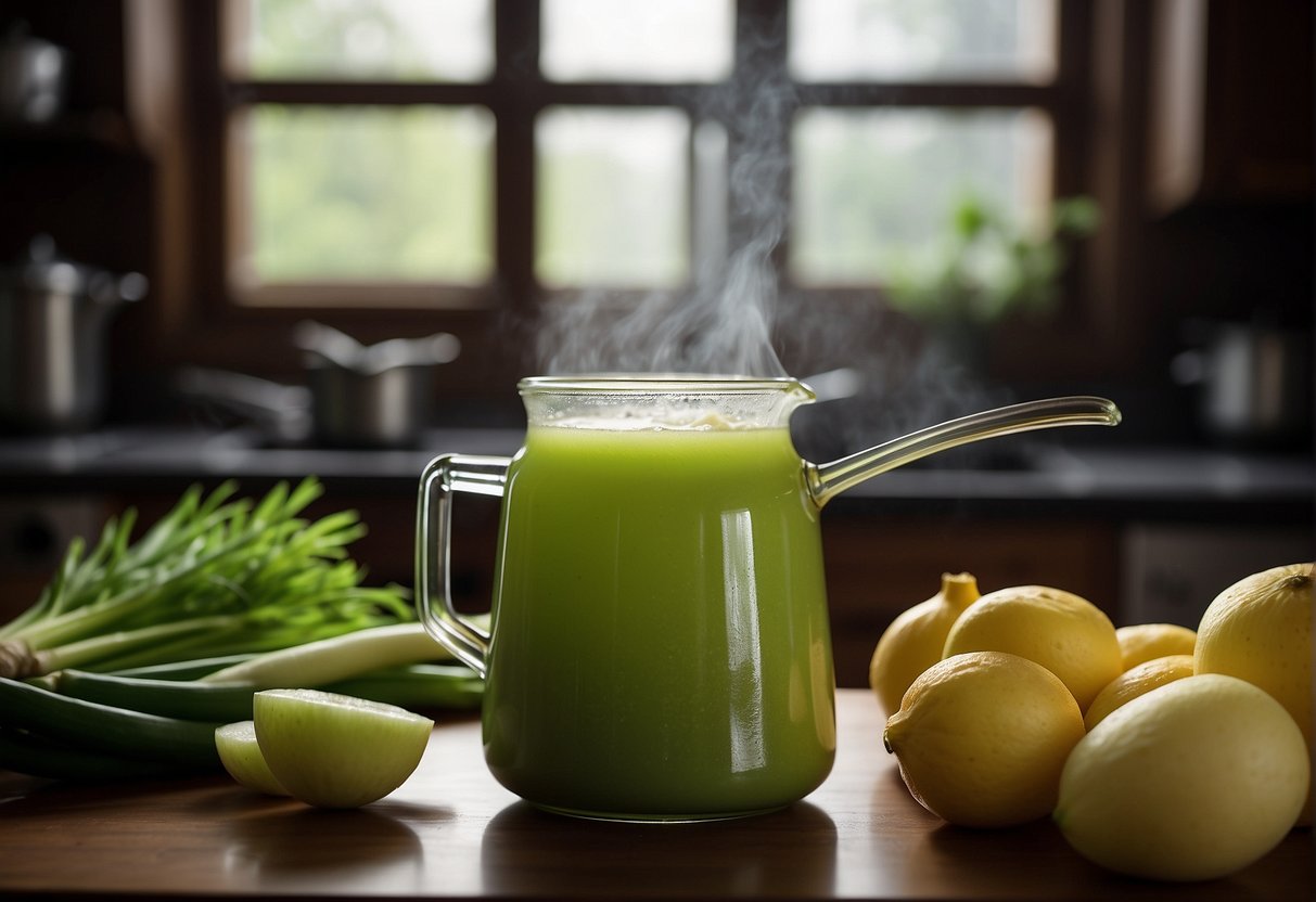 A table set with a ripe honeydew melon, ginger, chicken broth, and green onions. A pot simmering on the stove, steam rising as the ingredients meld together
