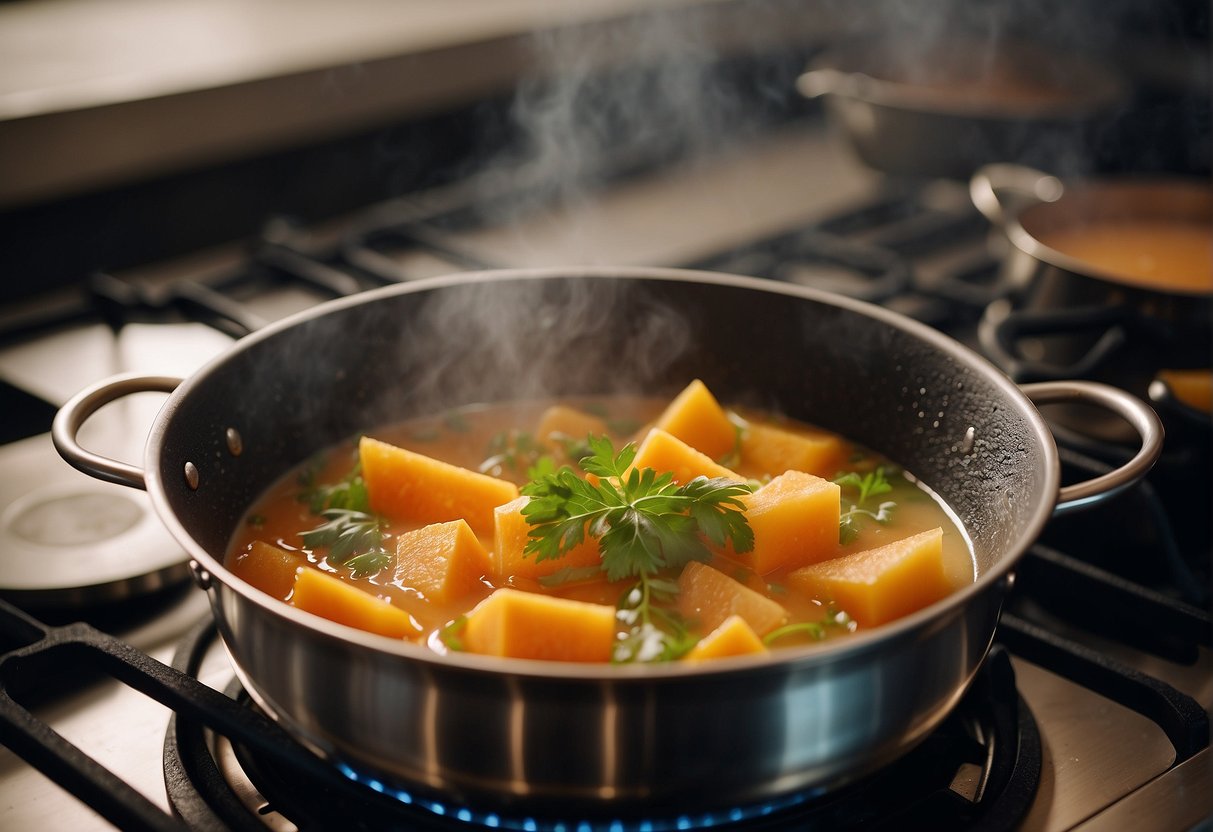 A pot simmers on a stovetop, filled with chunks of melon and savory Chinese spices. Steam rises as the soup cooks, filling the air with a mouthwatering aroma