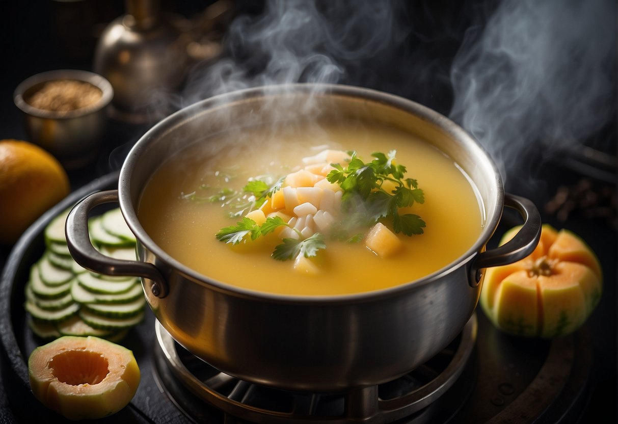 A steaming pot of melon soup simmers on a stove, filled with aromatic Chinese seasonings and herbs. The rich flavors waft through the air, creating a tantalizing aroma