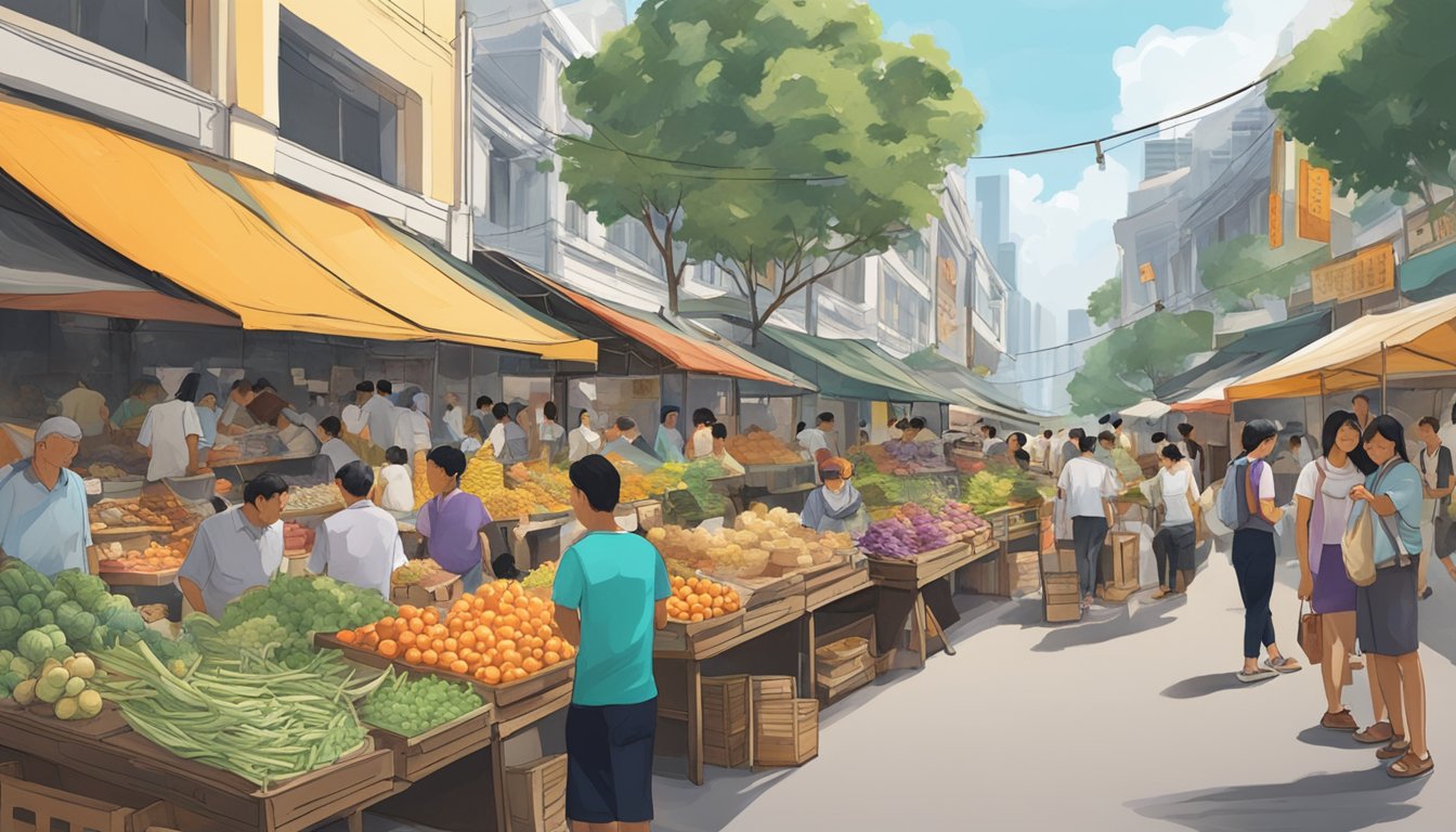 A bustling street market with various sculptures on display, vendors engaging with customers, and a sign indicating "Sculpture for Sale" in Singapore