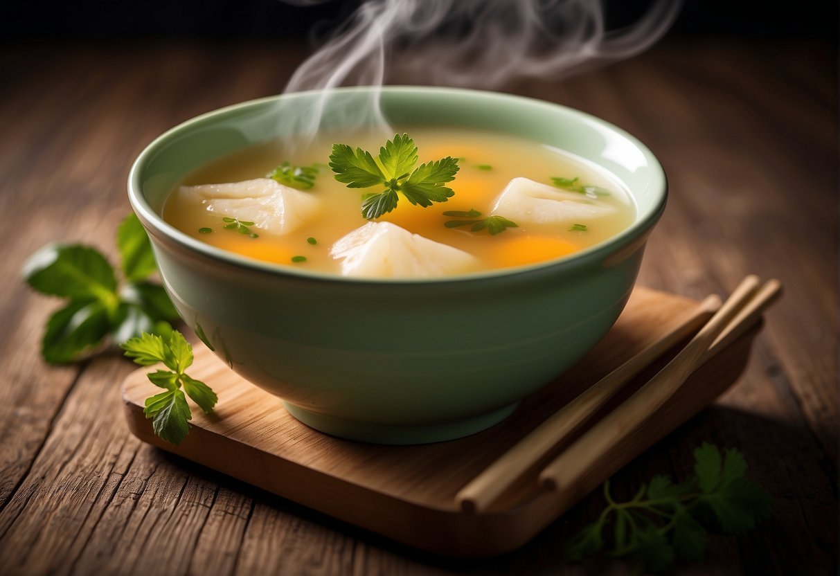 A steaming bowl of melon soup sits on a wooden table, garnished with fresh herbs and served with a pair of chopsticks on the side