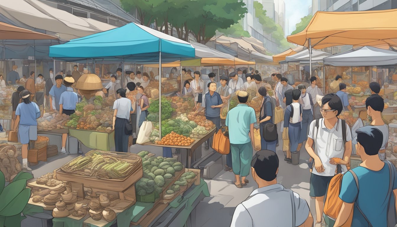 A bustling Singapore marketplace with various sculptures on display, surrounded by curious onlookers and potential buyers