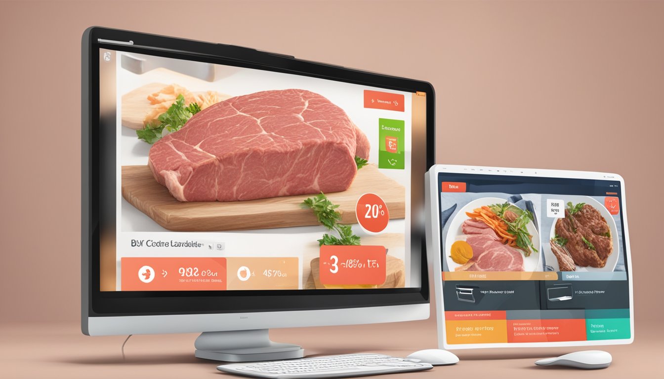 Various cuts of meat displayed on a computer screen, with a "buy now" button and discounted prices
