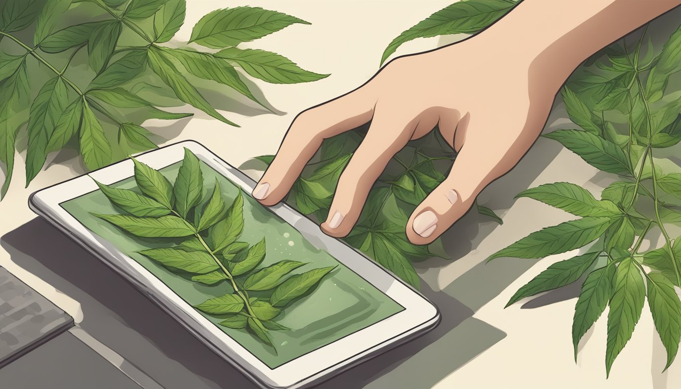 A hand reaches for a packet of neem powder on a digital device