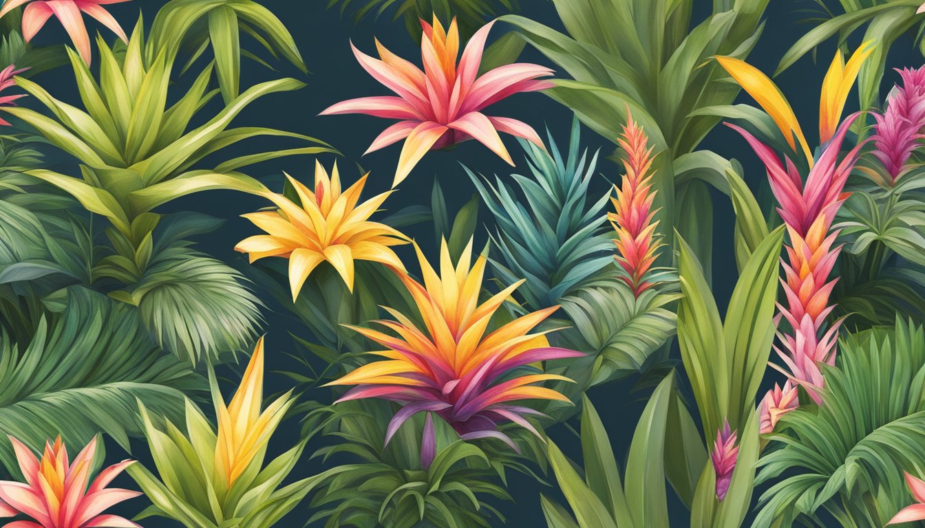 Colorful bromeliads displayed on a website, with a variety of sizes and shapes available for purchase