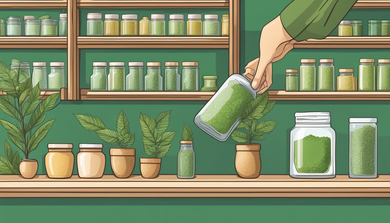 A hand reaches for a jar of neem powder on a modern wellness store shelf, with traditional neem leaves and products displayed in the background