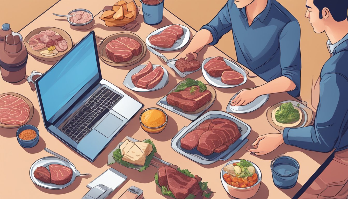 A table set with various cuts of meat, a laptop open to a website for buying meat online, and a person enjoying a meal