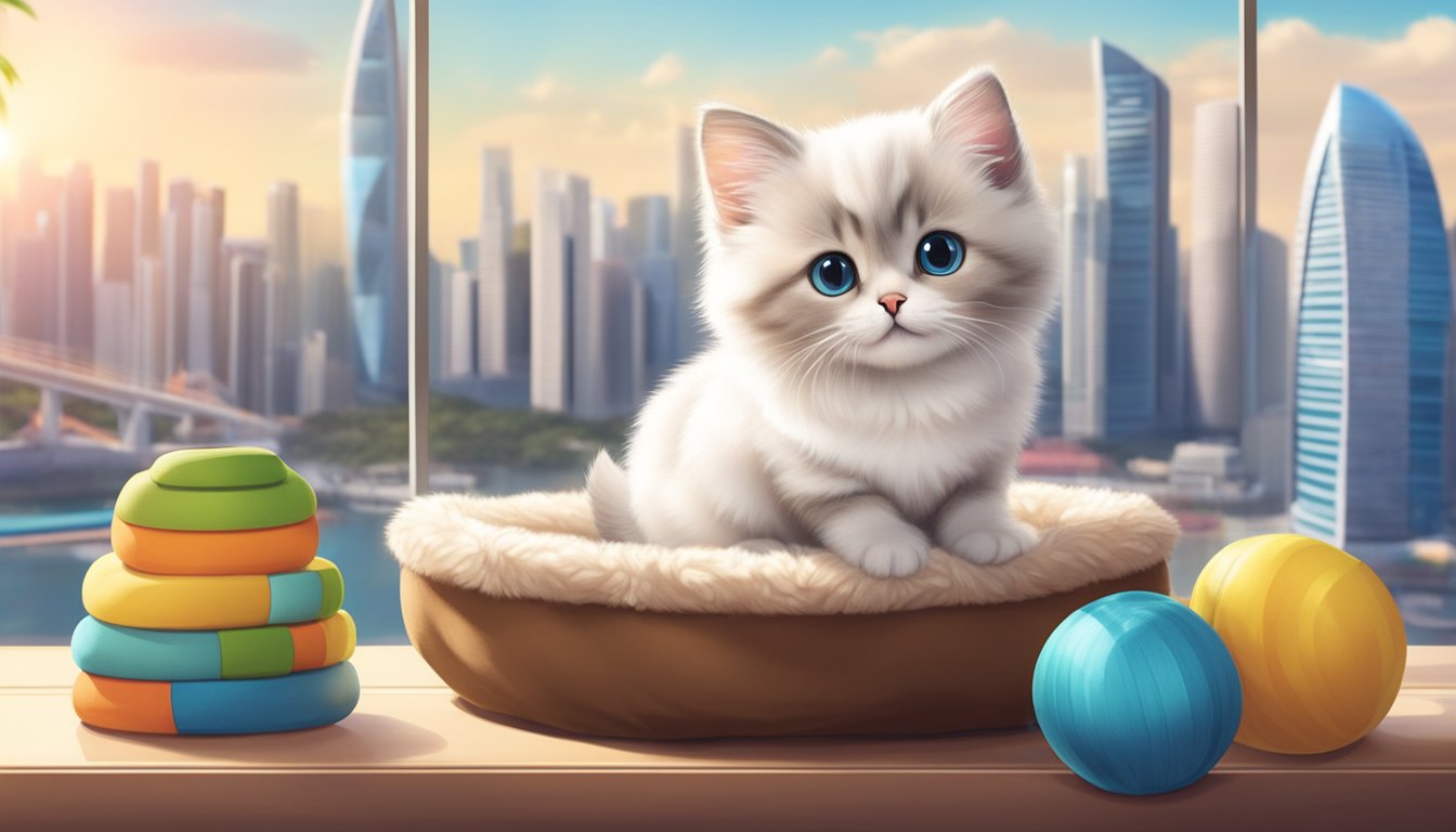 A fluffy munchkin kitten sits in a cozy pet bed, surrounded by colorful toys, in a sunny room with a view of the Singapore skyline