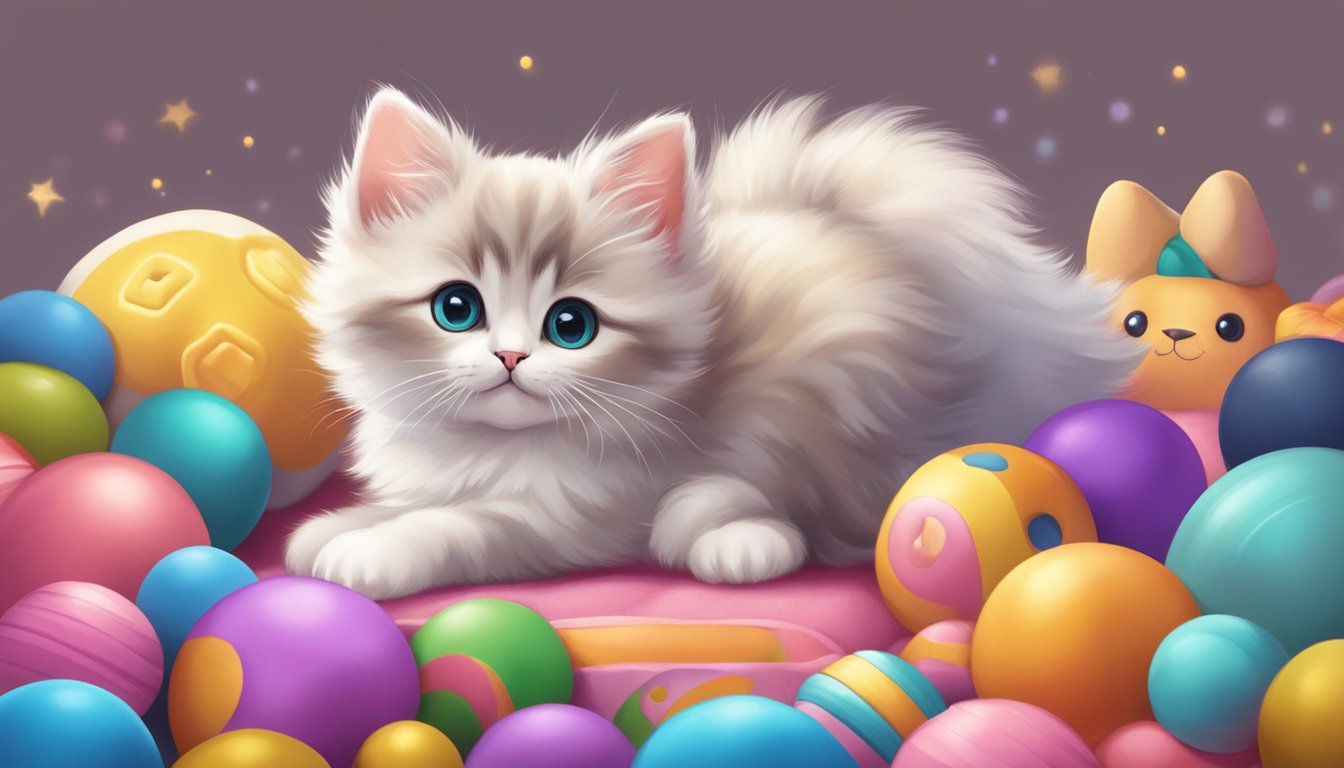 A playful munchkin kitten with short legs and a fluffy coat, surrounded by colorful toys and a cozy bed