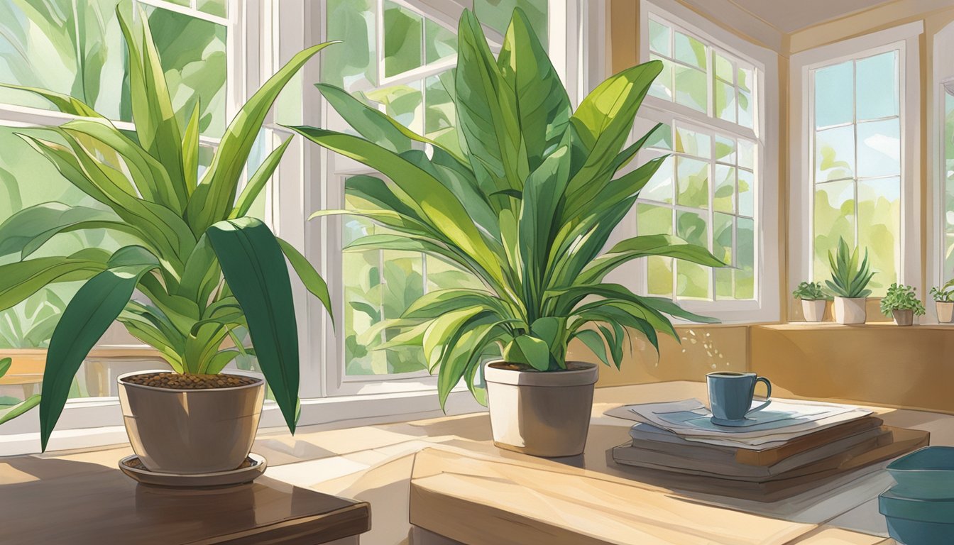 A hand pours water into a bromeliad's central cup. Sunlight filters through a nearby window, illuminating the vibrant green leaves. A care card sits nearby, offering instructions for proper maintenance