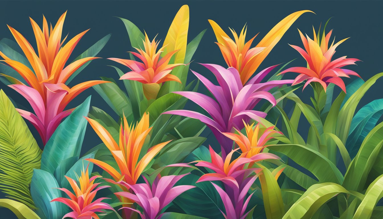 Colorful bromeliads displayed on a website, with a "Frequently Asked Questions" section below. Bright, tropical background with easy-to-read text