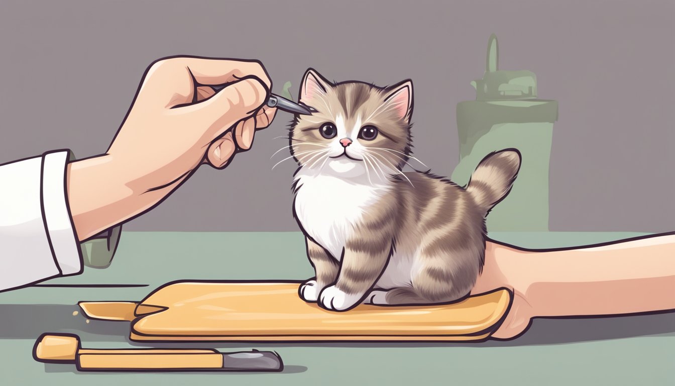 A playful munchkin kitten being groomed and fed by a caring owner