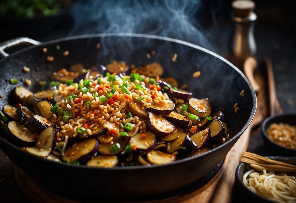 A wok sizzles as sliced eggplant, garlic, and ginger are stir-fried in soy sauce and sesame oil. Green onions and red chili flakes are sprinkled on top