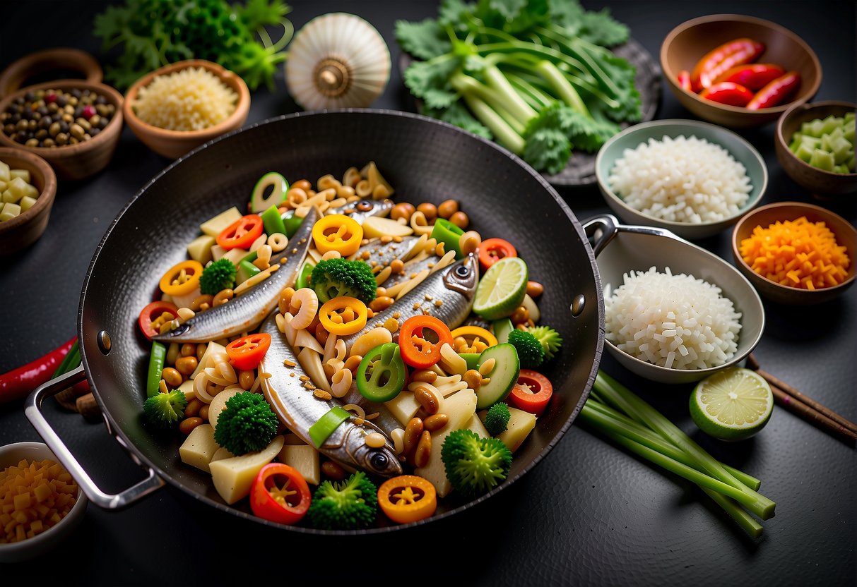 A chef stir-fries milkfish with ginger, garlic, and soy sauce in a sizzling wok, surrounded by colorful Chinese ingredients and seasonings