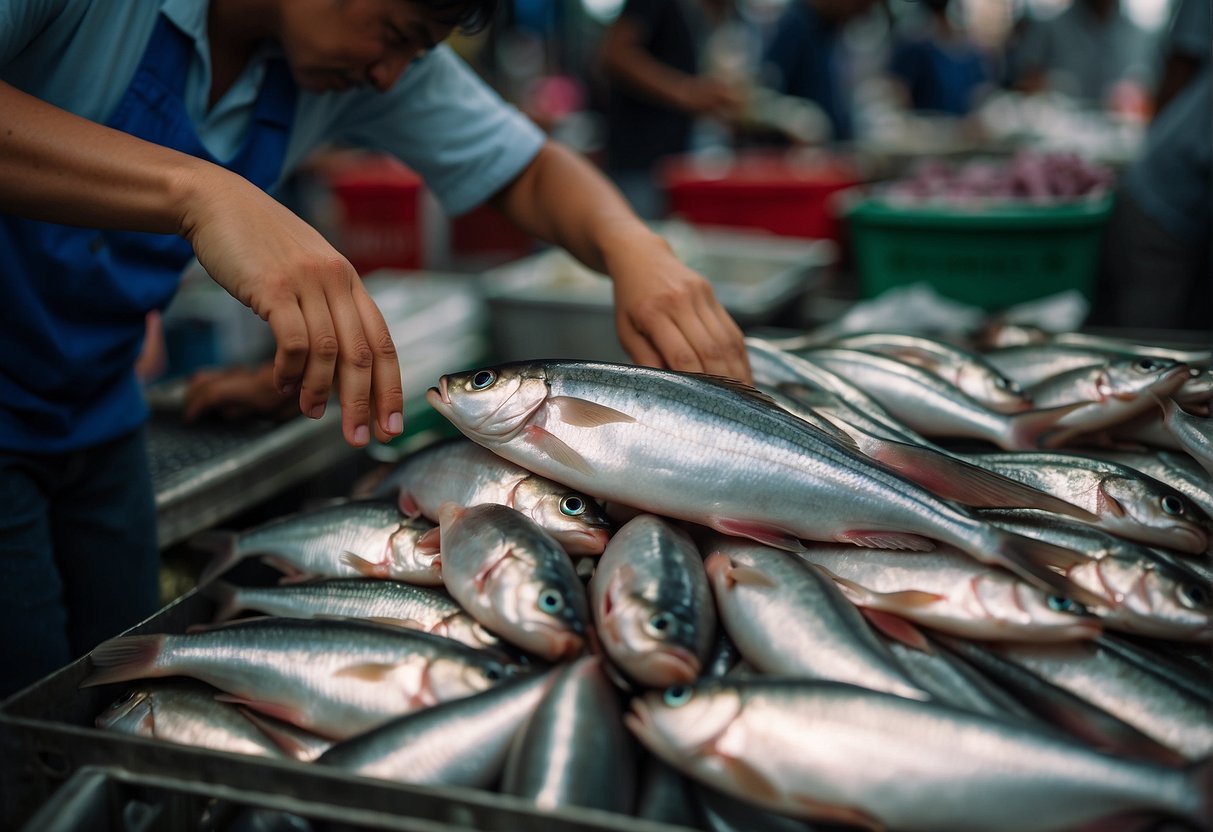 A hand reaches for a plump, silver milkfish at a bustling Chinese seafood market. The fishmonger carefully selects the freshest catch for a traditional milkfish recipe