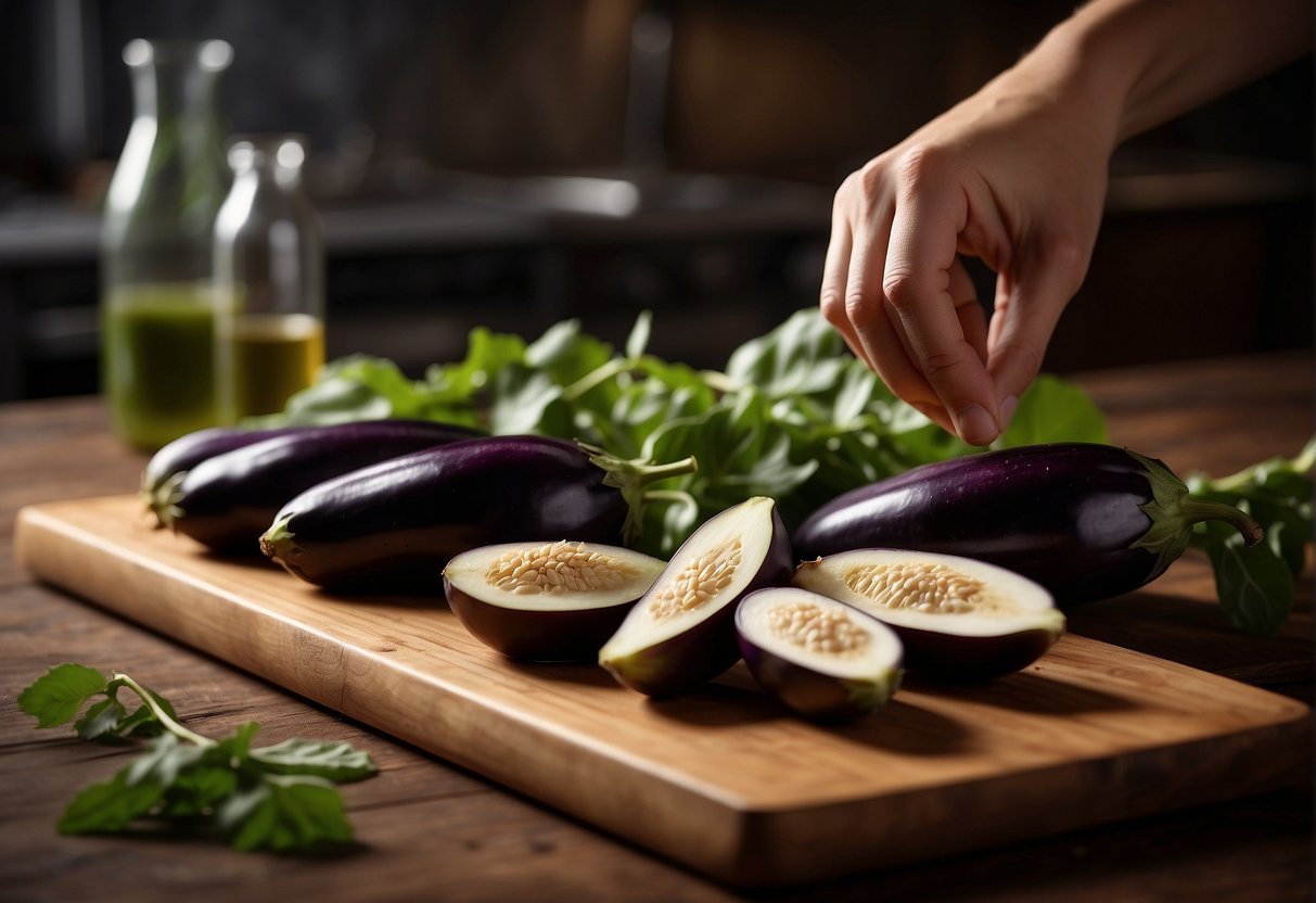 A hand reaching for fresh chinese eggplants, ginger, garlic, and soy sauce on a wooden cutting board