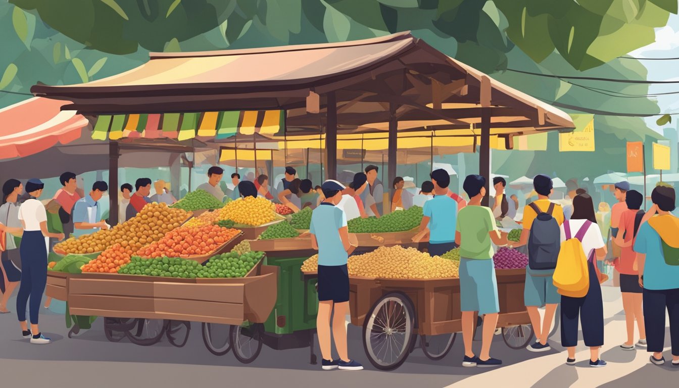 A bustling market stall in Singapore sells buah keluak, with colorful signage and a crowd of locals browsing the exotic nuts
