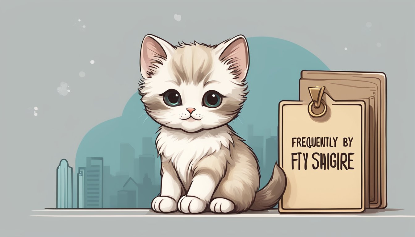 A cute munchkin kitten sitting next to a sign that reads "Frequently Asked Questions buy munchkin kitten singapore."