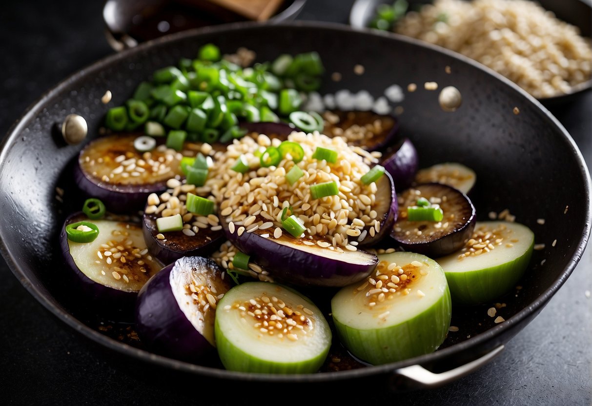 Sliced eggplant sizzling in a wok with garlic, ginger, and soy sauce. Chopped green onions and sesame seeds ready for garnish