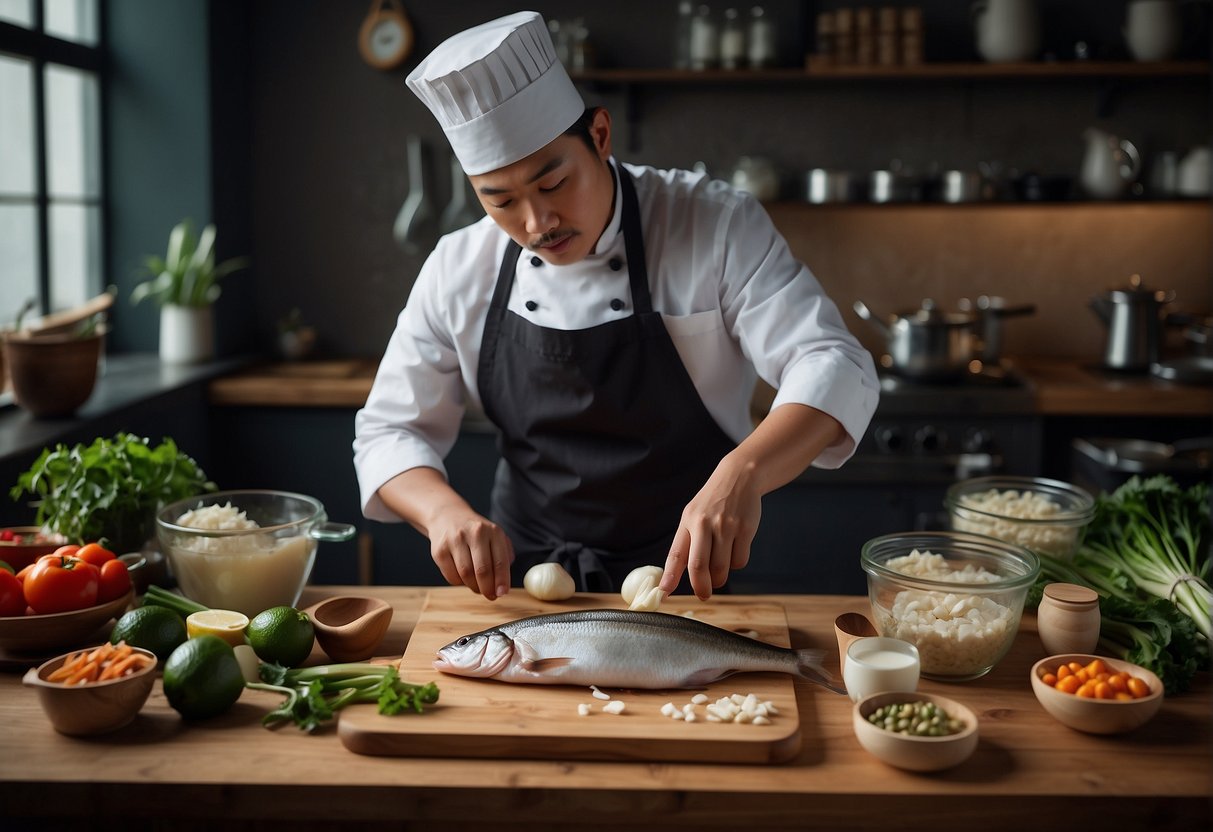 A chef prepares a Chinese milkfish recipe, with ingredients for pairings laid out on a wooden table